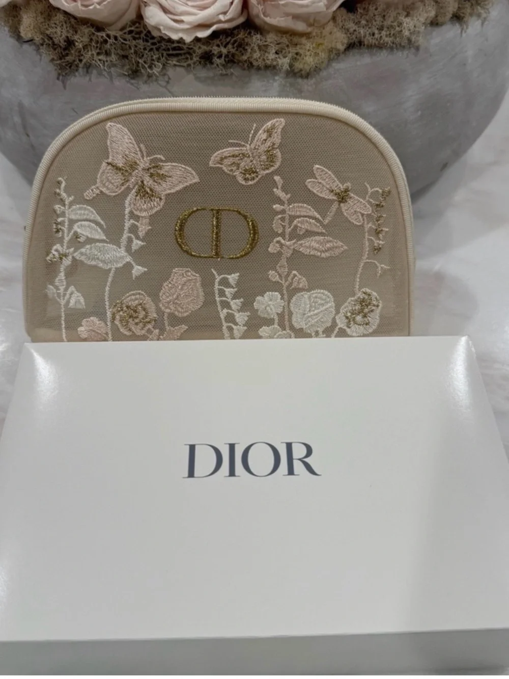 Dior Beige Floral Butterfly Embroidered Cosmetic Beauty Pouch NIB